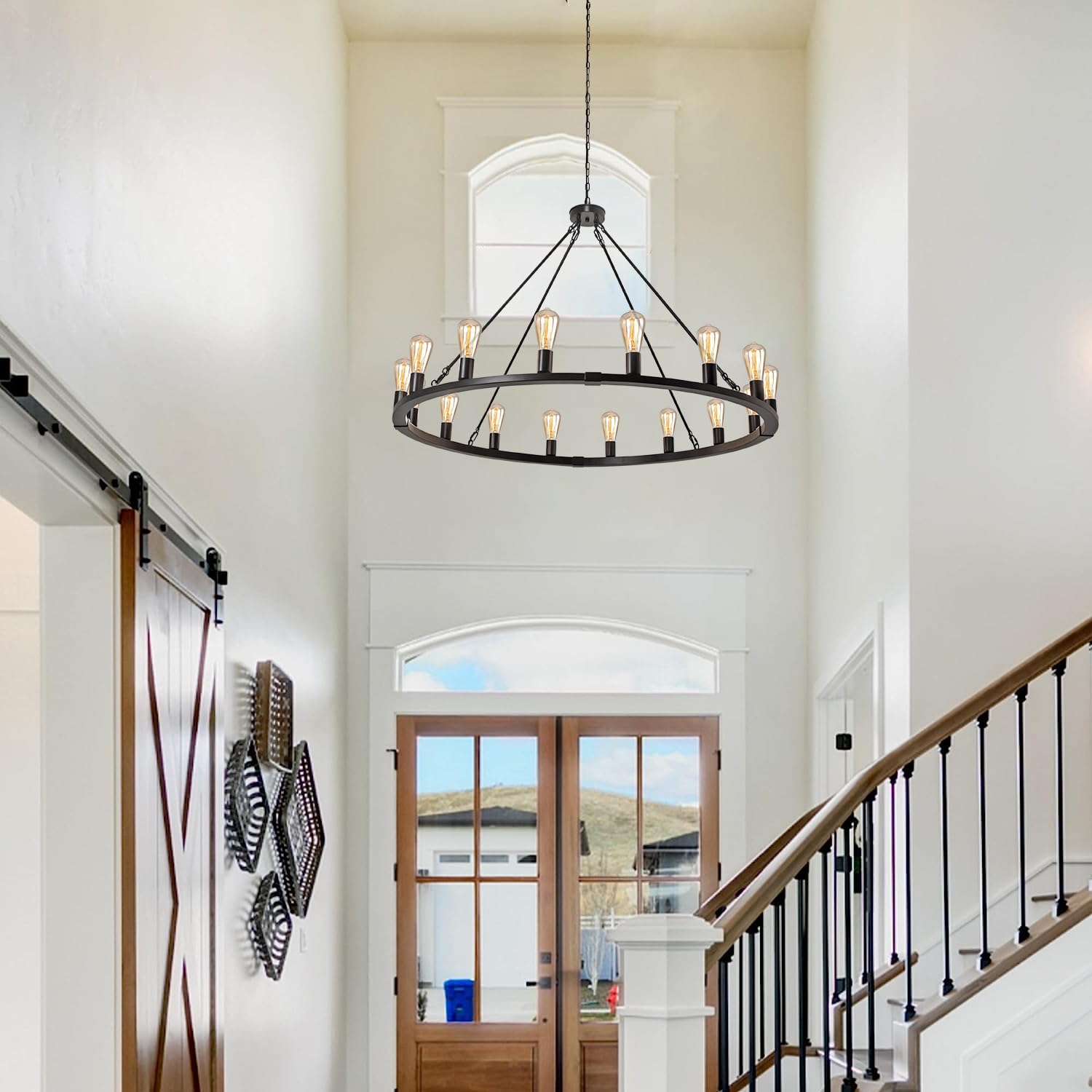 Rviezza 16-Light 48" Large Wagon Wheel Chandelier,Farmhouse Chandelier, Rustic Vintage Black Round Pendant Light Fixtures For Kitchen Island Dining Living Room Foyer Entryway