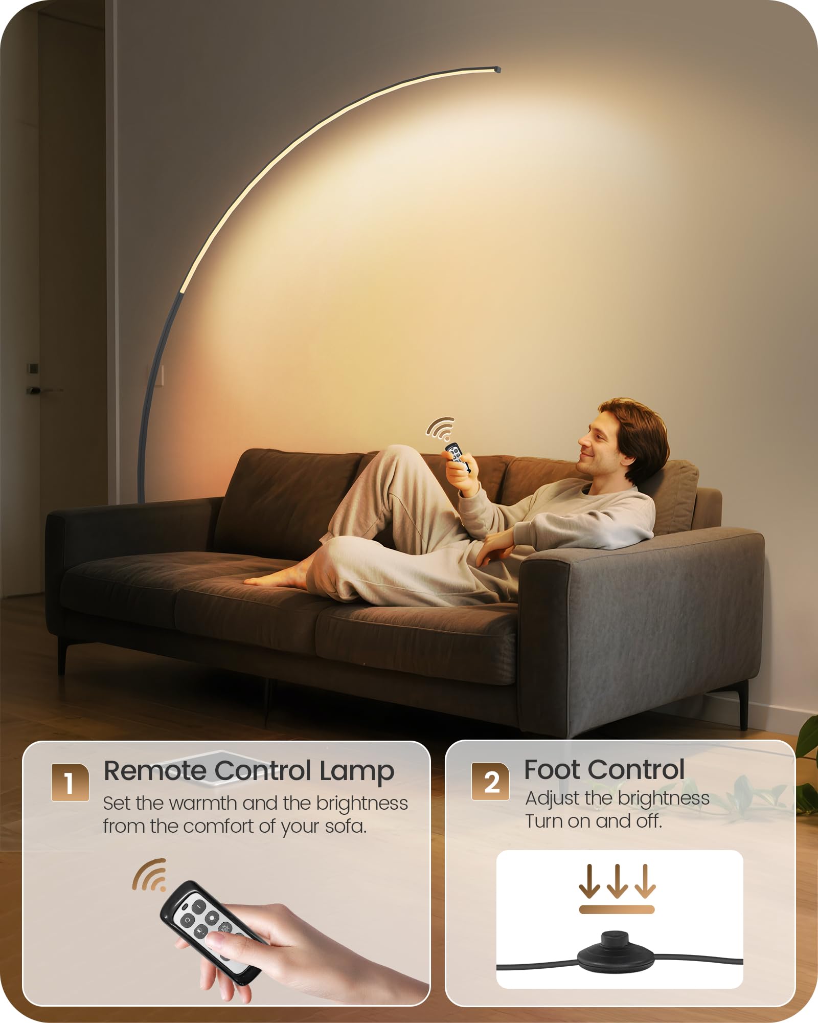 GOEBLESON 75in Dimmable LED Arc Floor Lamp, Metal, Remote Control, 3 Color Temperatures, Model B62LD05