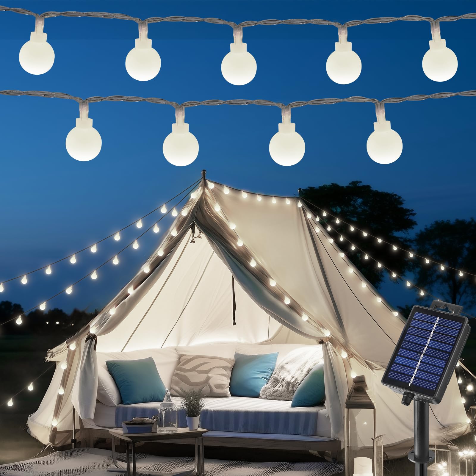Brightown Solar String Lights - 72FT, 200 LED, Waterproof, 8 Modes, Red White and Blue for 4th of July Decor