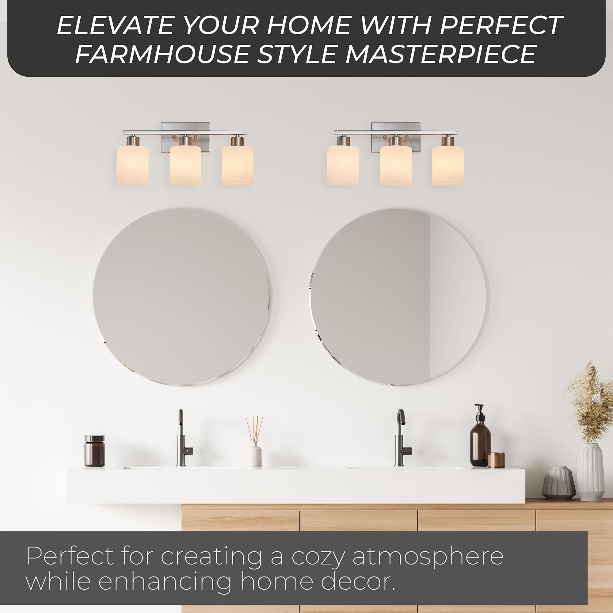 The Door Bull Modern Bathroom Vanity Light, Brushed Nickel, 3 Lights, Milky White Glass Shades, E26 Socket, Model VNT-1000