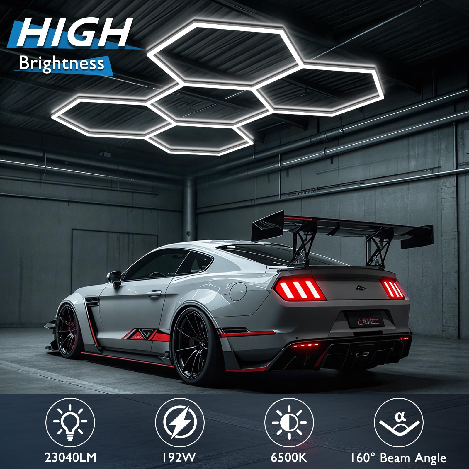 Brillihood Hexagon Garage Lights, Led Honeycomb Lights Ceiling, 192W, 23040Lm, 6500K Super Bright, 5 Grid Systems Car Detailing