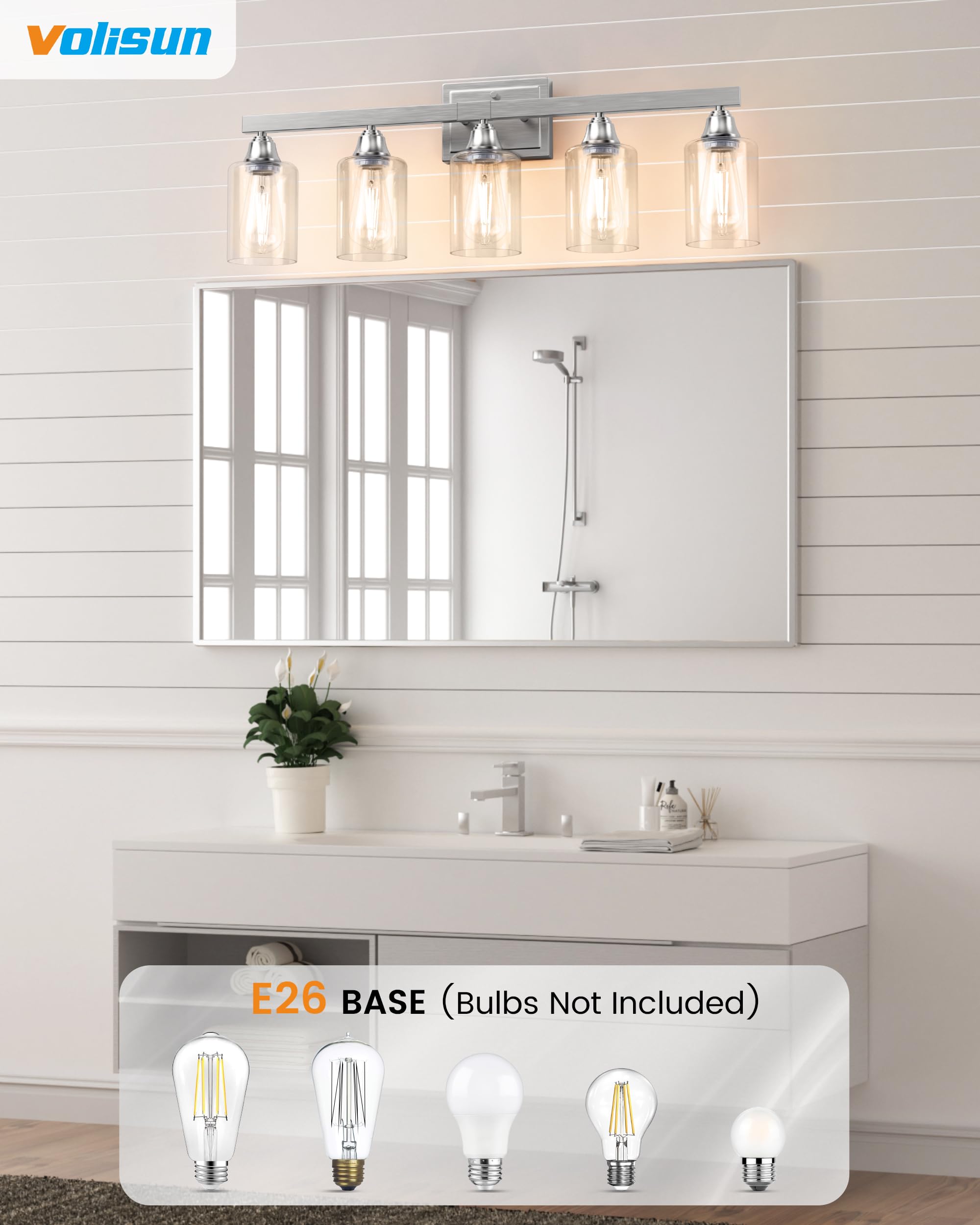 Volisun 5-Light Bathroom Light Fixtures, Brushed Nickel Bathroom Vanity Light Over Mirror, Modern Vanity Light For Bathroom, Bat