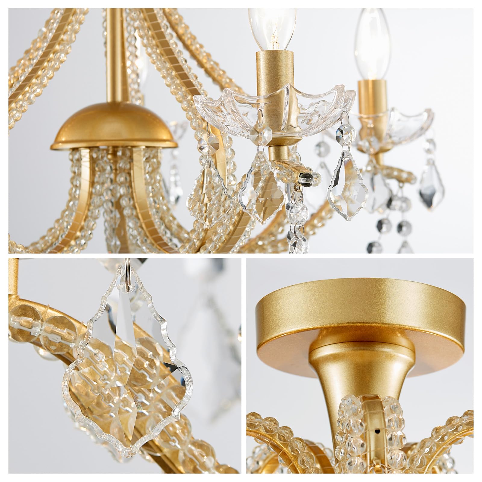 WUZUPS 5-Light Crystal Candle Chandelier, Metal Ceiling Light, 20.9in High 22in Wide, Gold, Model USHD-5511506GD