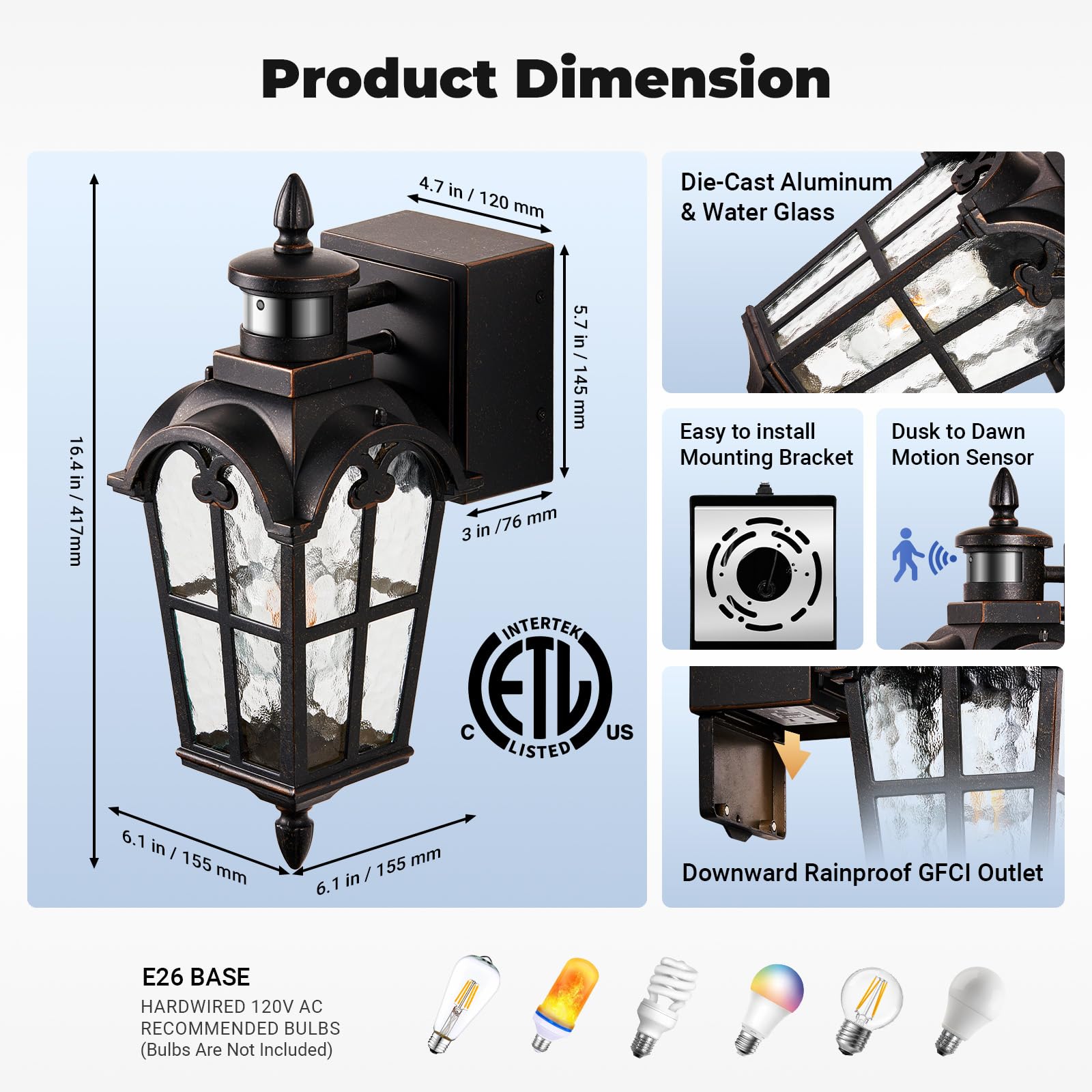Opaxis 16.4 Motion Sensor Outdoor Lights With Gfci Outlet  2-Pack Orb Outdoor Porch Light With Water Ripple Glass  4-Modes Waterproof And Anti-Rust Dusk To Dawn Outdoor Lighting For Garage Patio