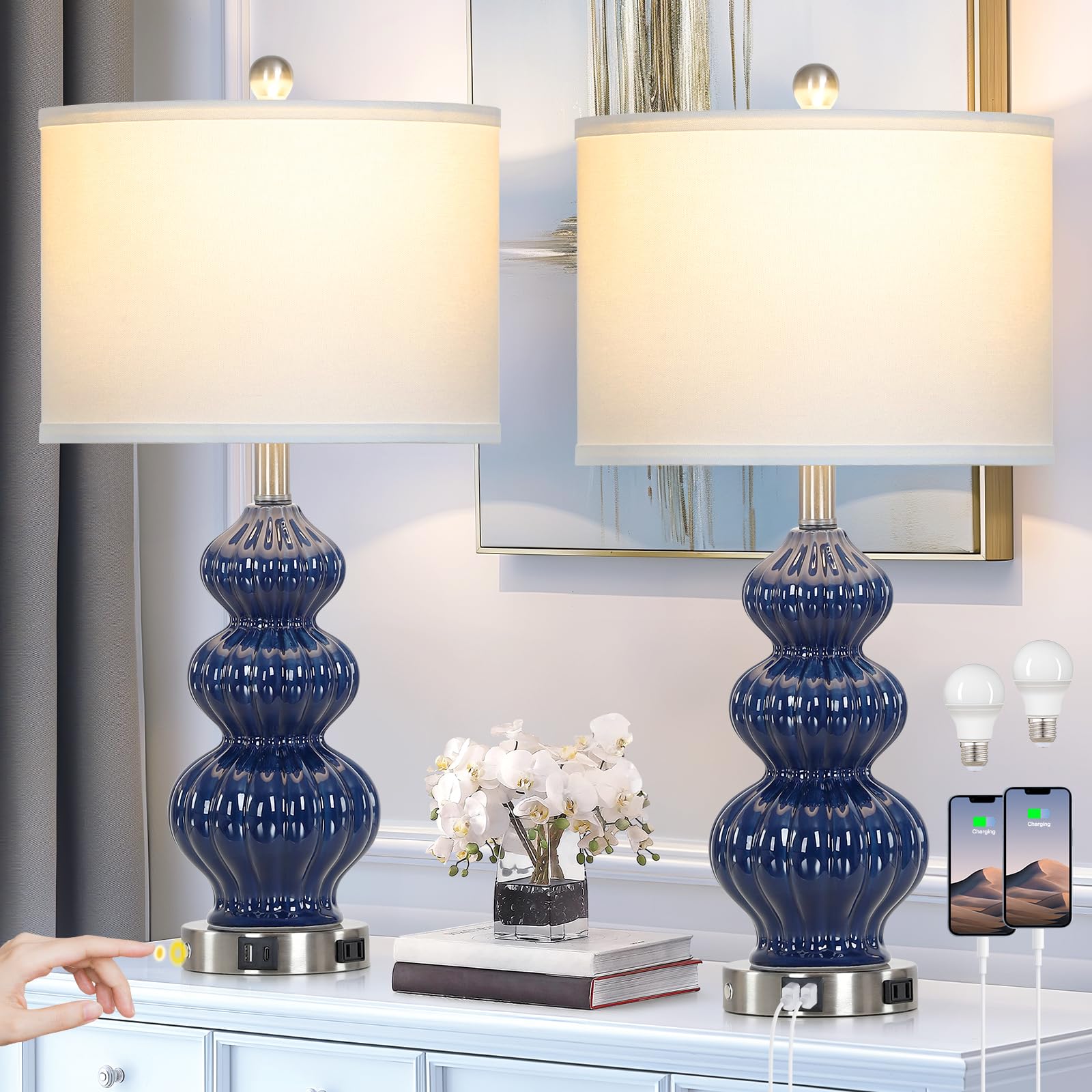 Rinweey Triple Gourd Ceramic Table Lamps Set of 2, Modern Blue Bedside Lamps with USB A+C Ports & AC Outlet, 3 Way Touch Control Contemporary Nightstand Lamps for Bedroom Living Room