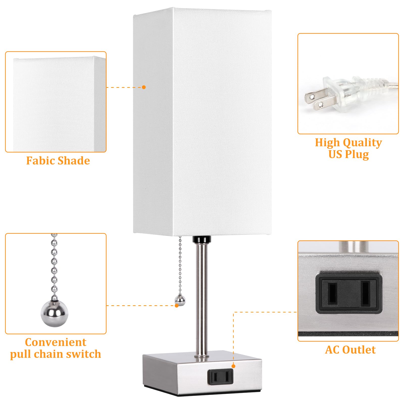 Dott Arts Touch Control Bedside Lamp, 3 Way Dimmable Nightstand Lamp With 2 Usb Ports & Ac Outlet, Modern Style, White Fabric Sh