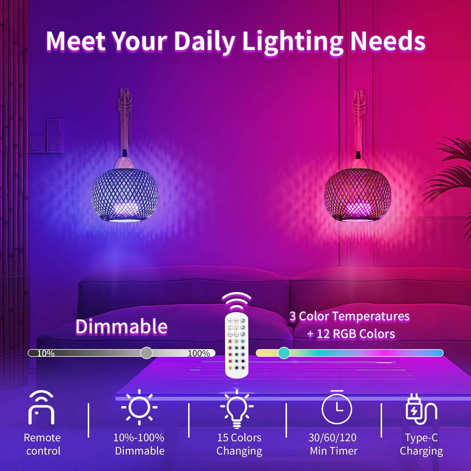 Frideko Rechargeable Battery Operated Wall Sconces Set Of Two With Remote, Rgb 15 Colors Dimmable Wireless Wall Light, Bamboo In