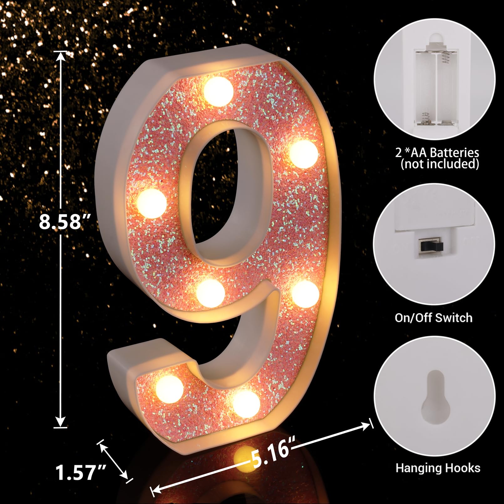 TRONSBOO LED Letter Lights Marquee Sign Battery Powered Pink Glitter Number 9 for Home Party Decoration