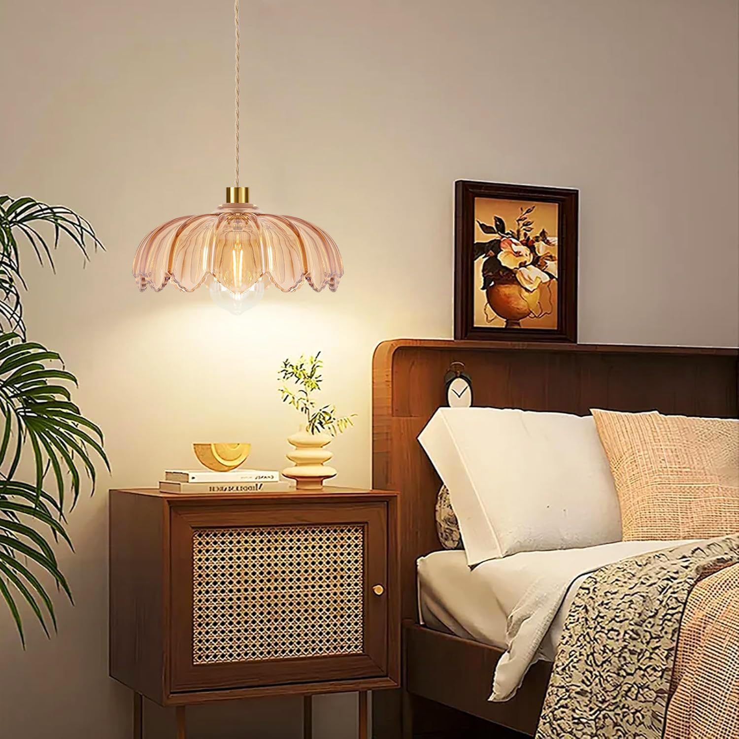 QIYIZM Pendant Light Amber Glass Mid Century Modern Dimmable Chandelier 11in Green