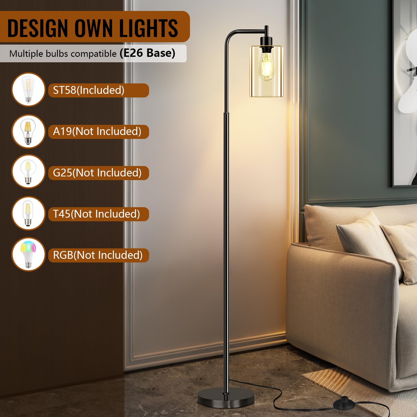 Floor Lamp,Floor Lamps For Living Room With Glass Lampshade,Modern Design Lamps Living Room,Standing Lamp With Premium Metal Mat