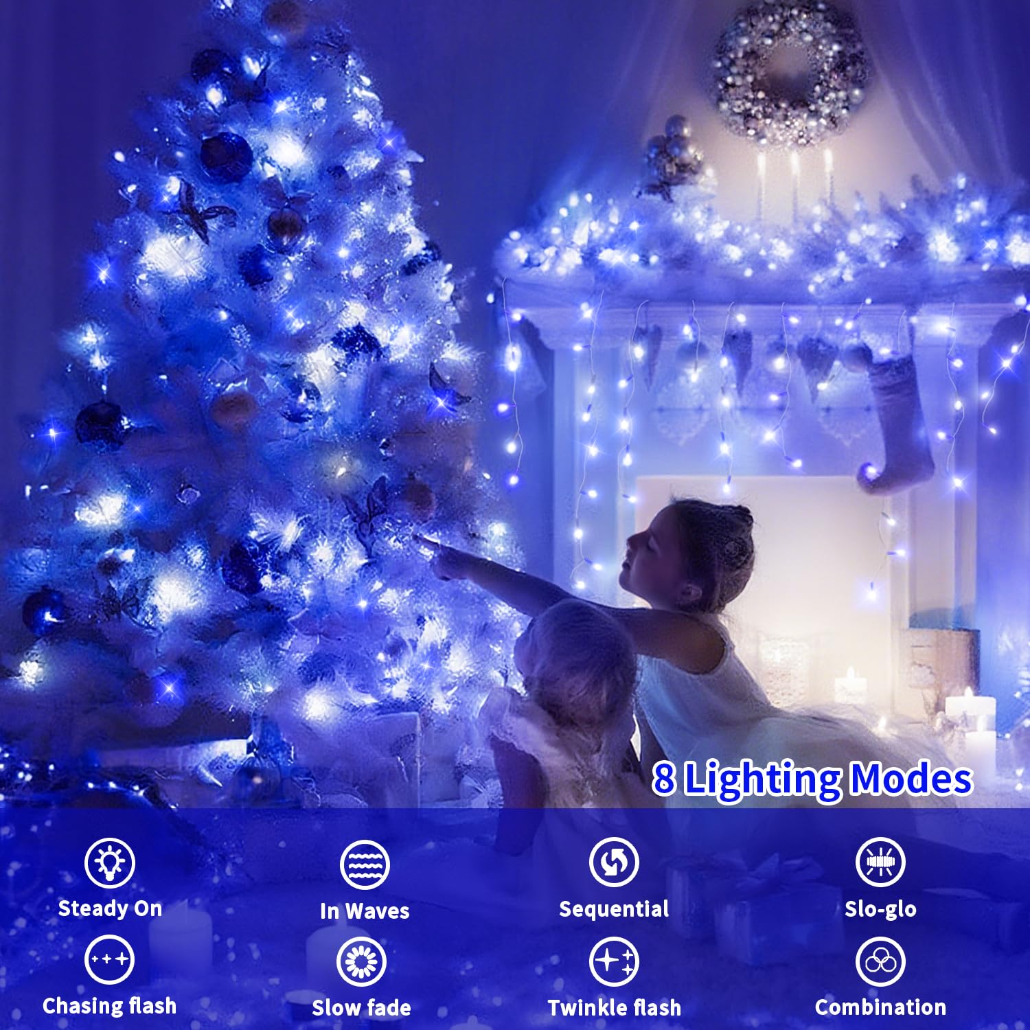403 Ft 1000 Led Christmas Lights Outdoor Decorations Super Long Fairy Lights Waterproof 8 Modes Timer Clear Wire String Lights For Outside House Tree Patio Yard Wedding Party Holiday-Blue&White