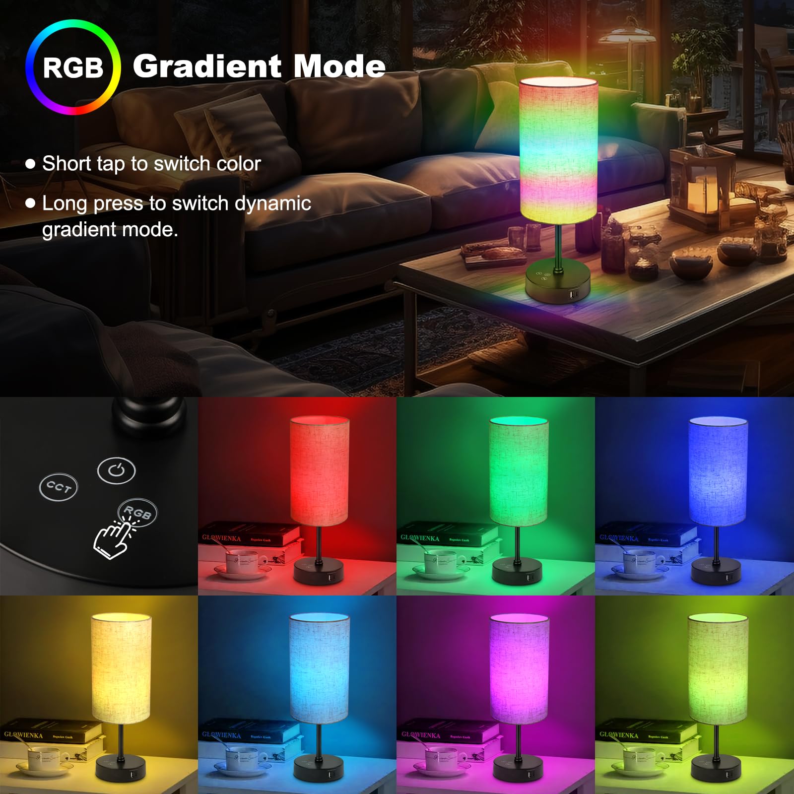 Unicozin Table Lamp - 3 CCT Color Changing & RGB, Stepless Dimmable, Beige Shade, Small Bedside Light for Reading & Ambience