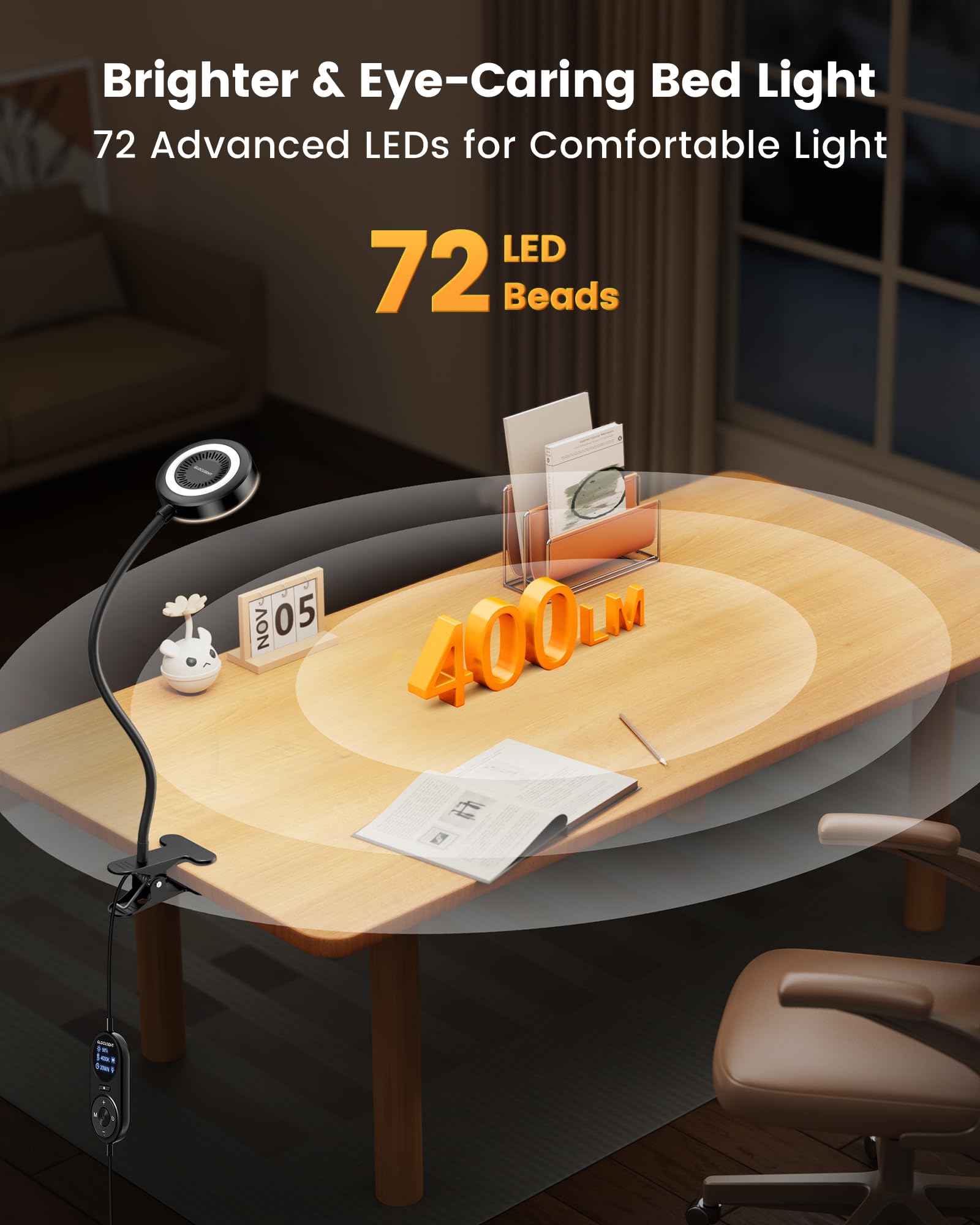 Glocusent Clip On Light, 72-Led Clip On Lamp With Amber Night Light, 3 Colors & 5 Brightness Bed Lamp, 30-Min Auto Off Timer, Pe