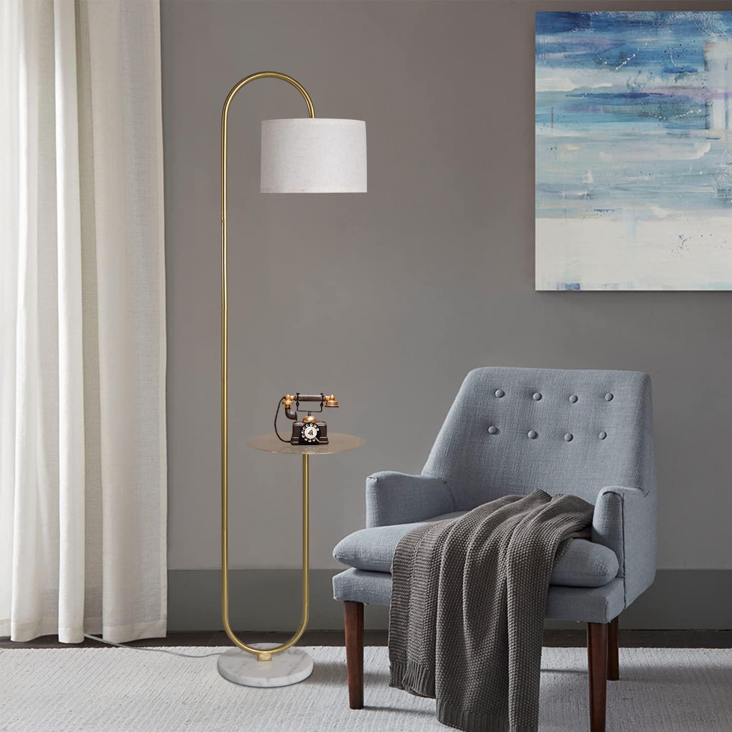 Hsyile Ku300271 Arc Floor Lamp With Hanging Drum Shade For Living Room-Marble Base Modern Tall Stand Up Light With Table, Contem