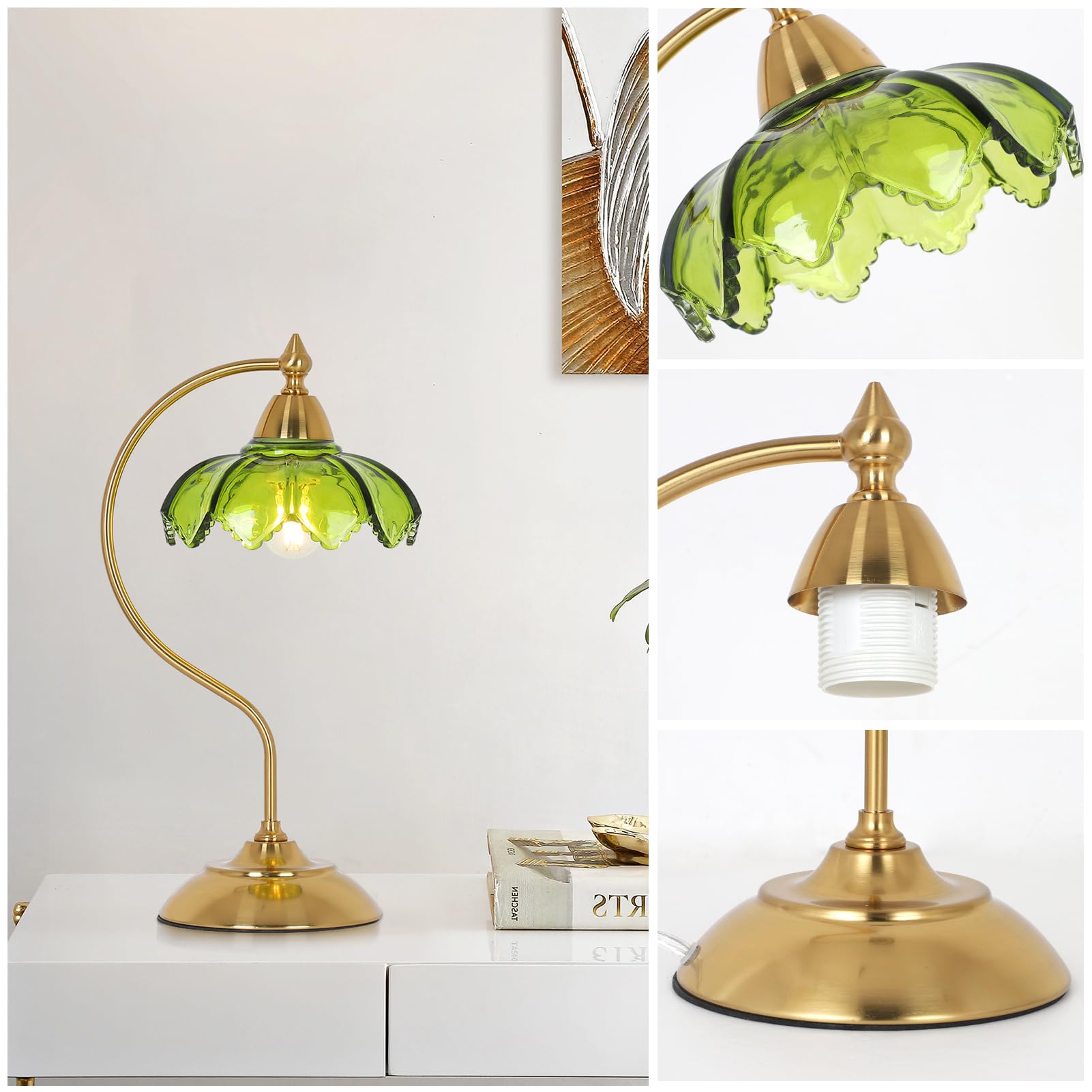 Artmooy Glass Beside Table Lamp - Vintage Flower Design, Gold & Green, 6.3" x 6.3" x 16.5", Metal, Model 250307A
