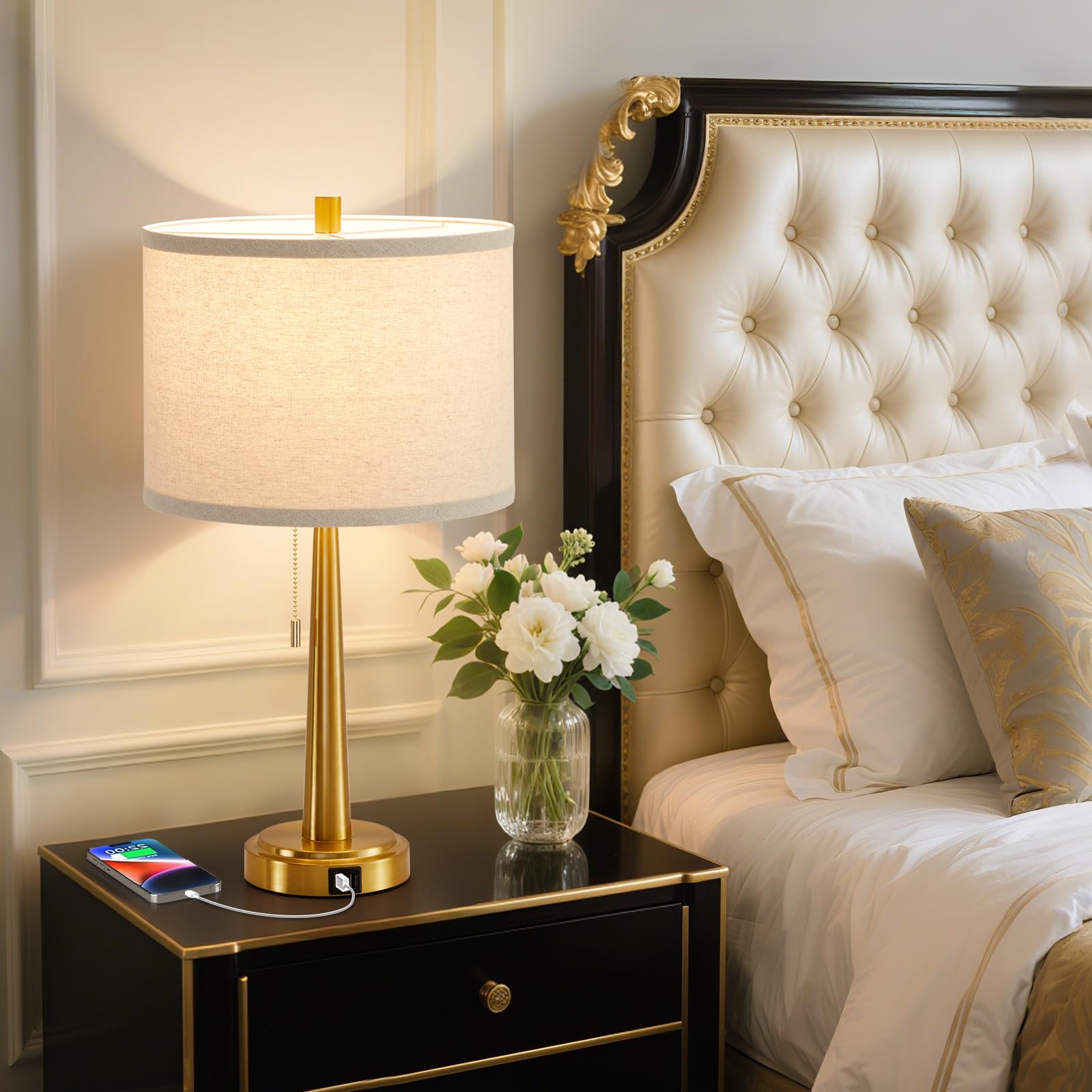 Gyrovu 22 Inches Table Lamps, Bedside Lamps With Usb And C Ports, Nightstand Lamp With Pull Chain, Gold Lamp Set Of 2 For Living