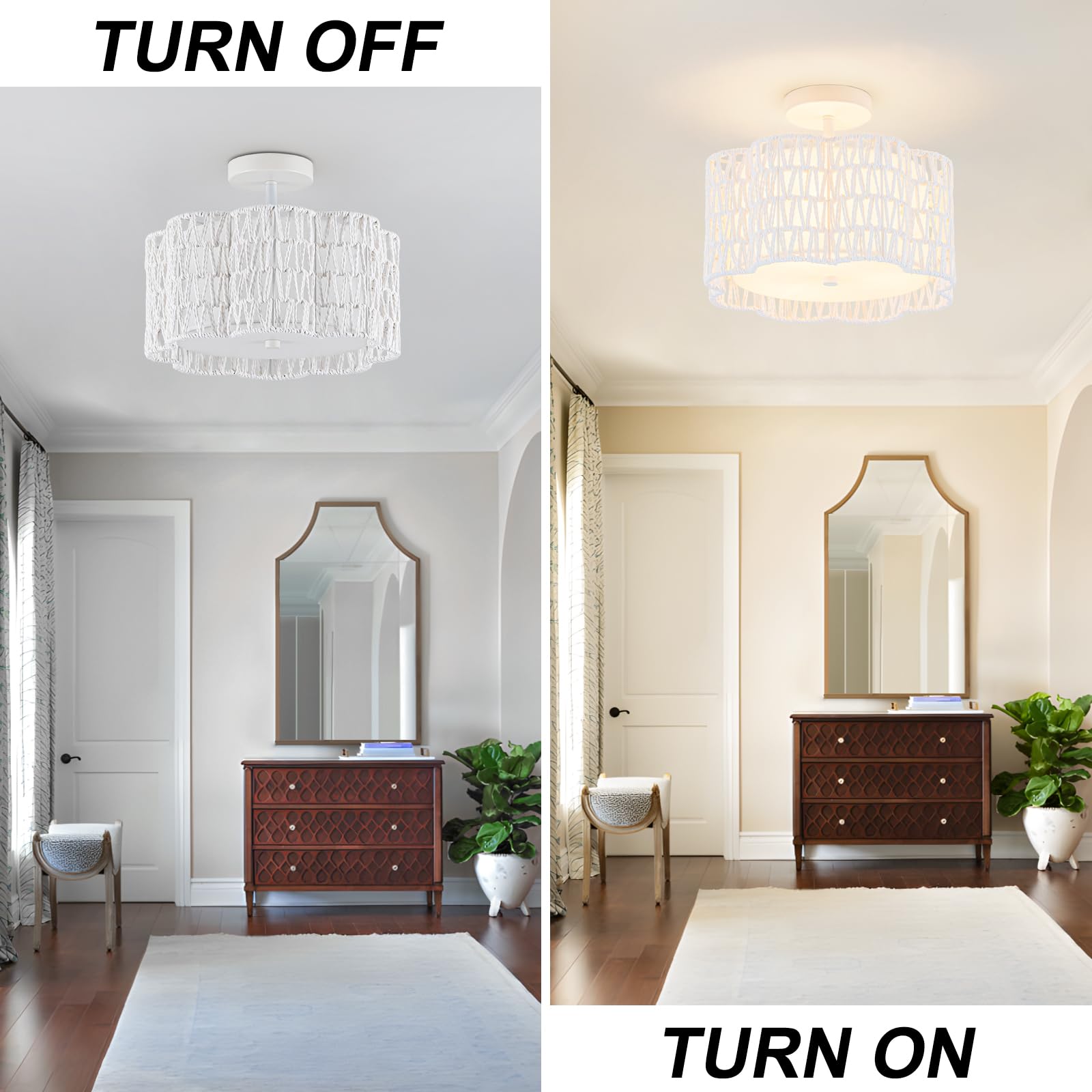 Tbaoinla Bedroom Light Fixture | Boho Ceiling Light With White Plum Blossom Design - Rattan Flush Mount Chandelier For Home Deco
