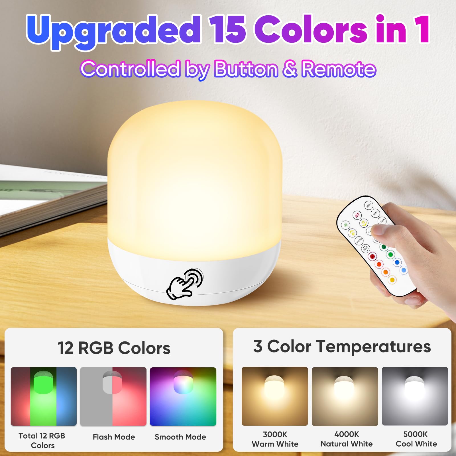 Yochoice Rechargeable LED Light Bulb Set - 3 Pack, Wireless, Dimmable, 15 Colors, Magnetic Charging Station, Remote Control, White