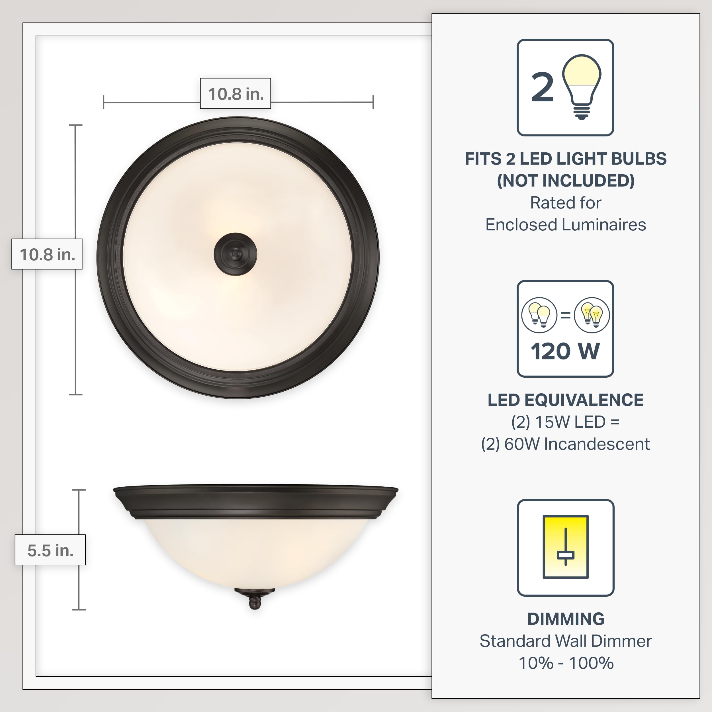 Designers Fountain Flush Mount Ceiling Light, 2-Pack, 11 Inch Led Frosted Glass Lighting Fixture For Kitchen, Bedroom, Bathroom, And Hallway, Oil Rubbed Bronze, D333M-11Fm-Orb2