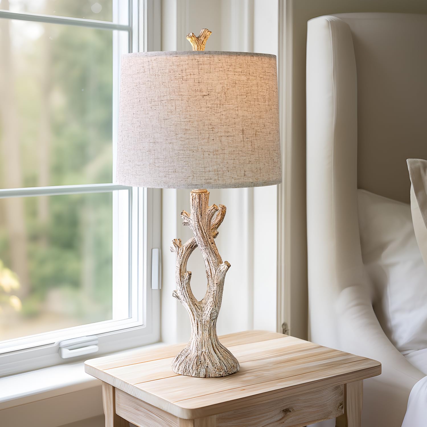 OYEARS Farmhouse Table Lamps Set of 2, Vintage Natural Style, 25" White Bedside Nightstand Lighting