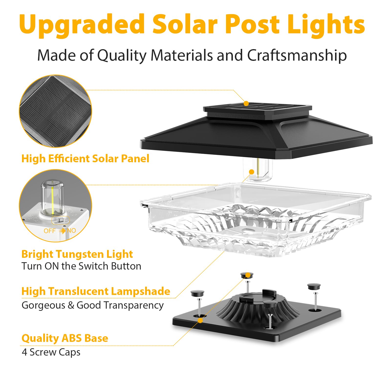 6 Pack Solar Post Cap Lights,[Not Hollow Post],Bright White Solar Post Lights Outdoor Waterproof Fence Post Cap Lights, Outside Post Lights Solar Powered Deck Lights For 4X4 5X5 6X6 Wood Posts