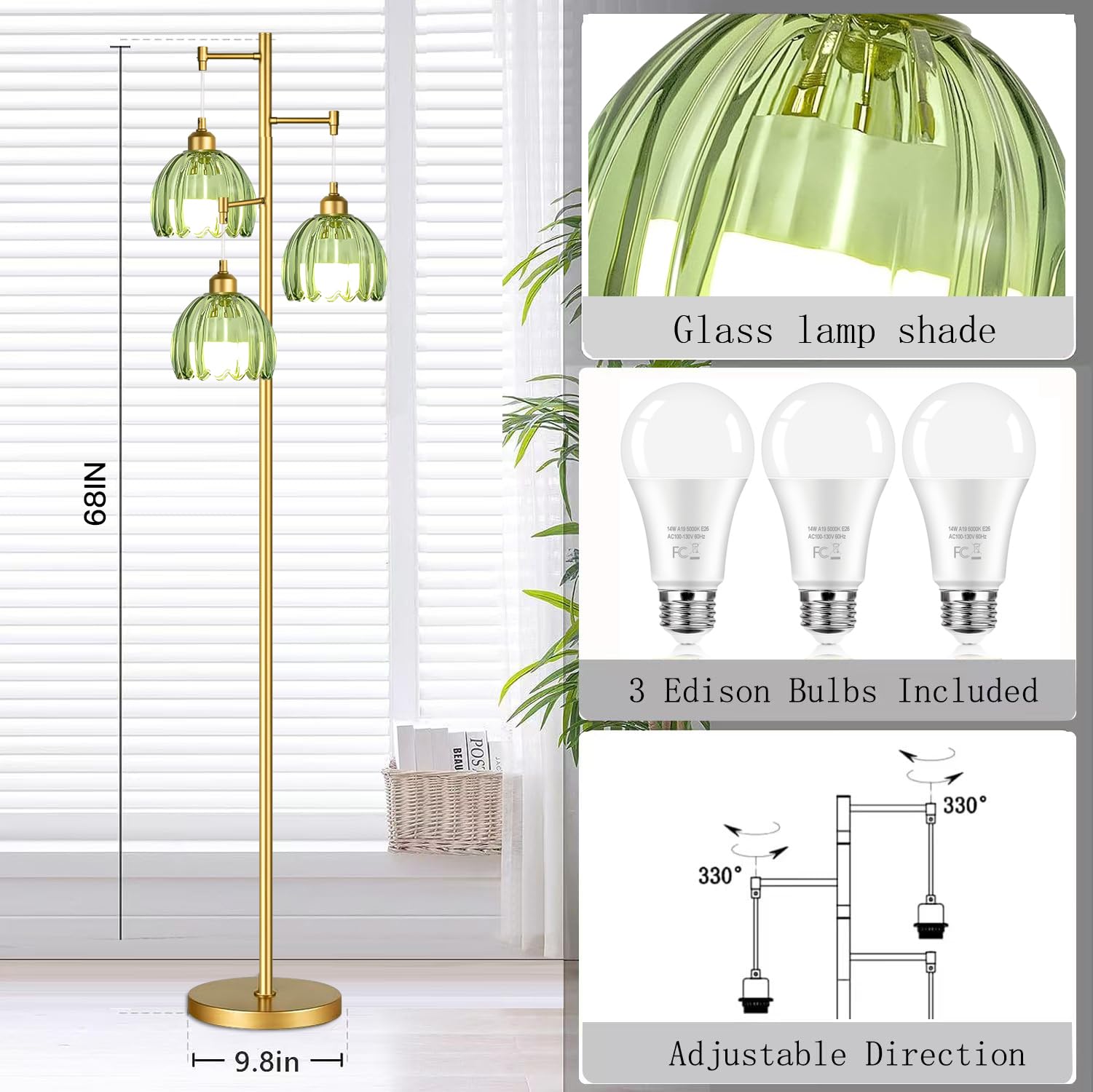 Illmtw Glass Floor Lamp For Living Room,Bedroom,Gold Mid Century Modern Standing Lamp Brass Tree 3 Light Tall Floor Lamps Vintag