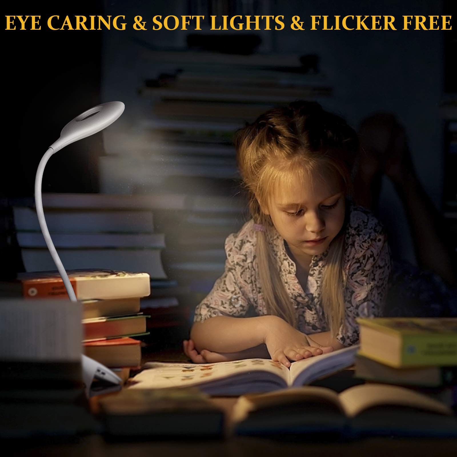 Semlos LED Desk Light, USB Rechargeable Clip Table Lamp, Battery Powered Bedside Reading Lights, 3 Colors 3 Brightness, Touch Co