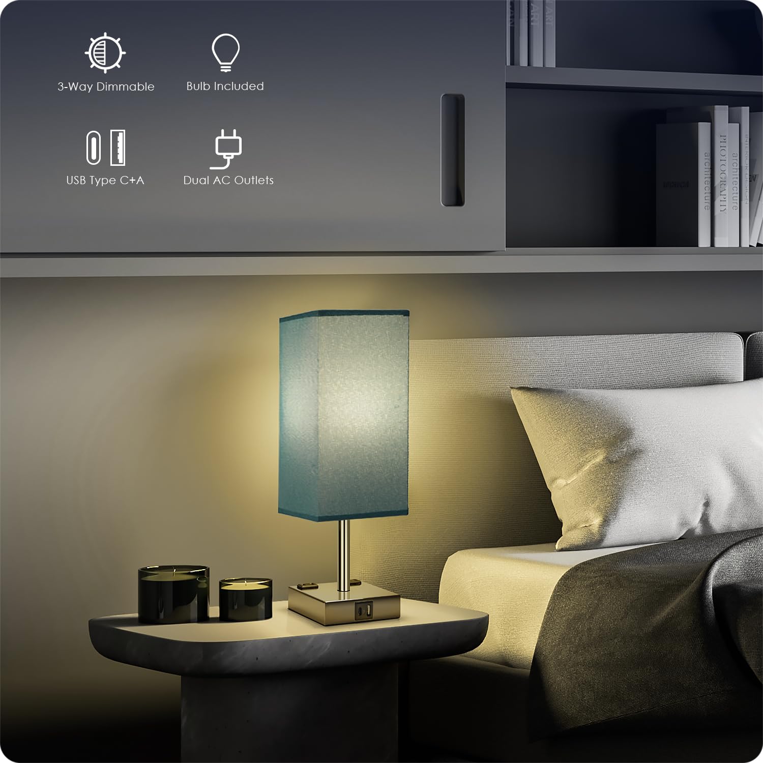 Soilsiu Bedside Lamp - Touch Control Table Lamp with USB Ports, 3 Way Dimmable, Metal, Blue Shade