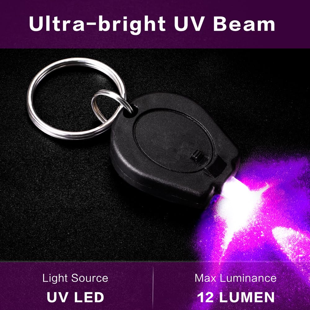 RaySoar UV Keychain Flashlight, 395nm Mini LED, 12 Pack, Black Light for Detection, Model RS-KC-8301-2016-2