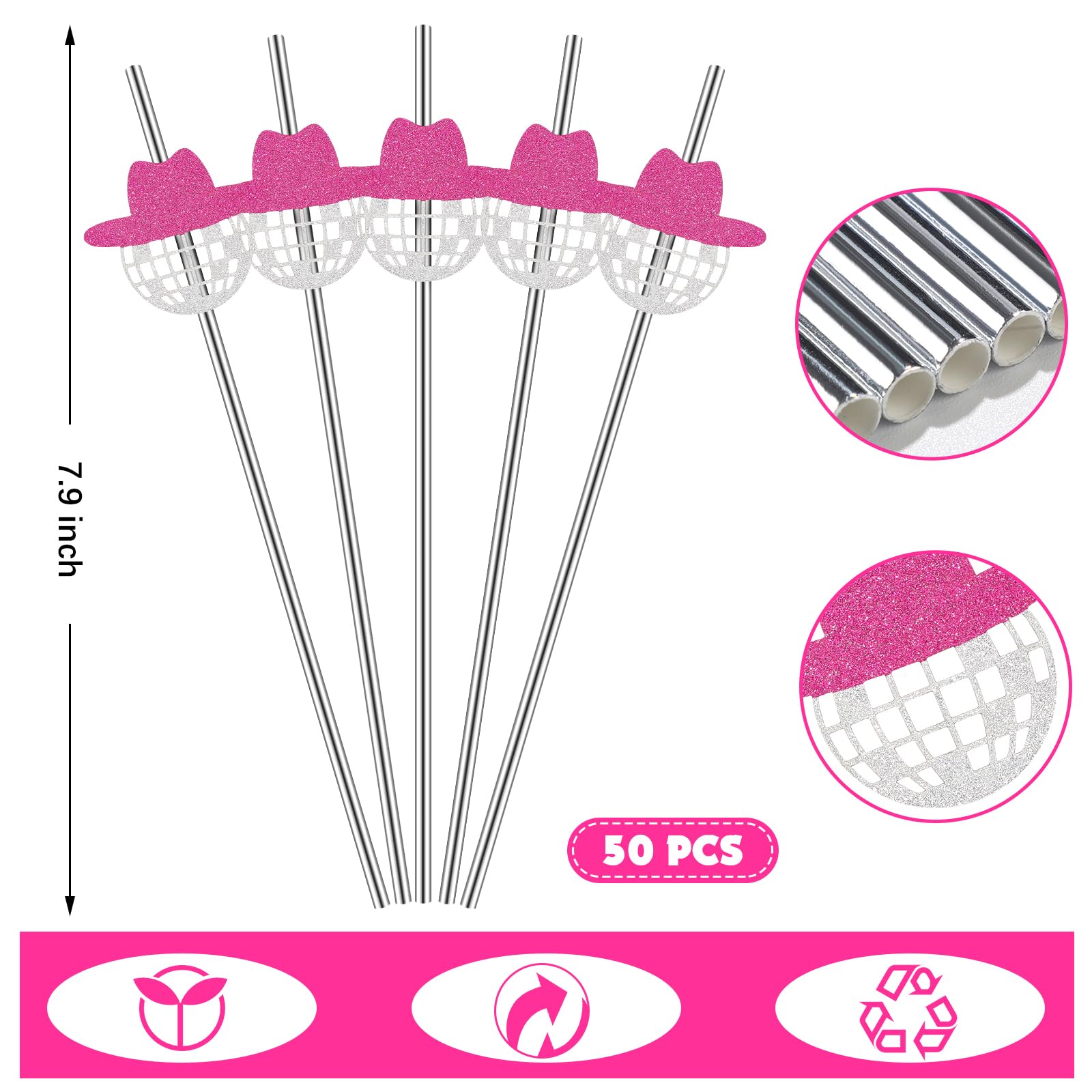 Tanlade Mini Disco Ball Straws, 50 Pcs, 70s Party Decorations, One Size, Pink, Model DIA-Tanlade-785