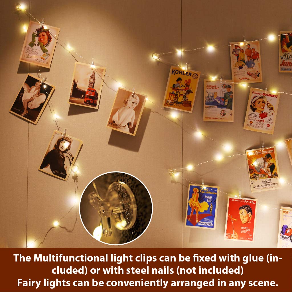 HXWEIYE Photo Clips String Light, 33Ft 100LEDs, Warm White, Timer & 8 Modes, Model HY100150-120, Battery Powered with 52 Clips &