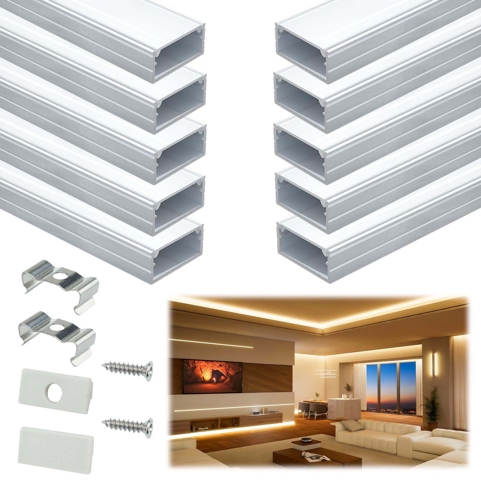 Muzata 10Pack 6.6Ft/2M Wider Led Channel Silver Aluminum Led Strips Diffuser Channel With Milky White Cover U102 Ww 2M