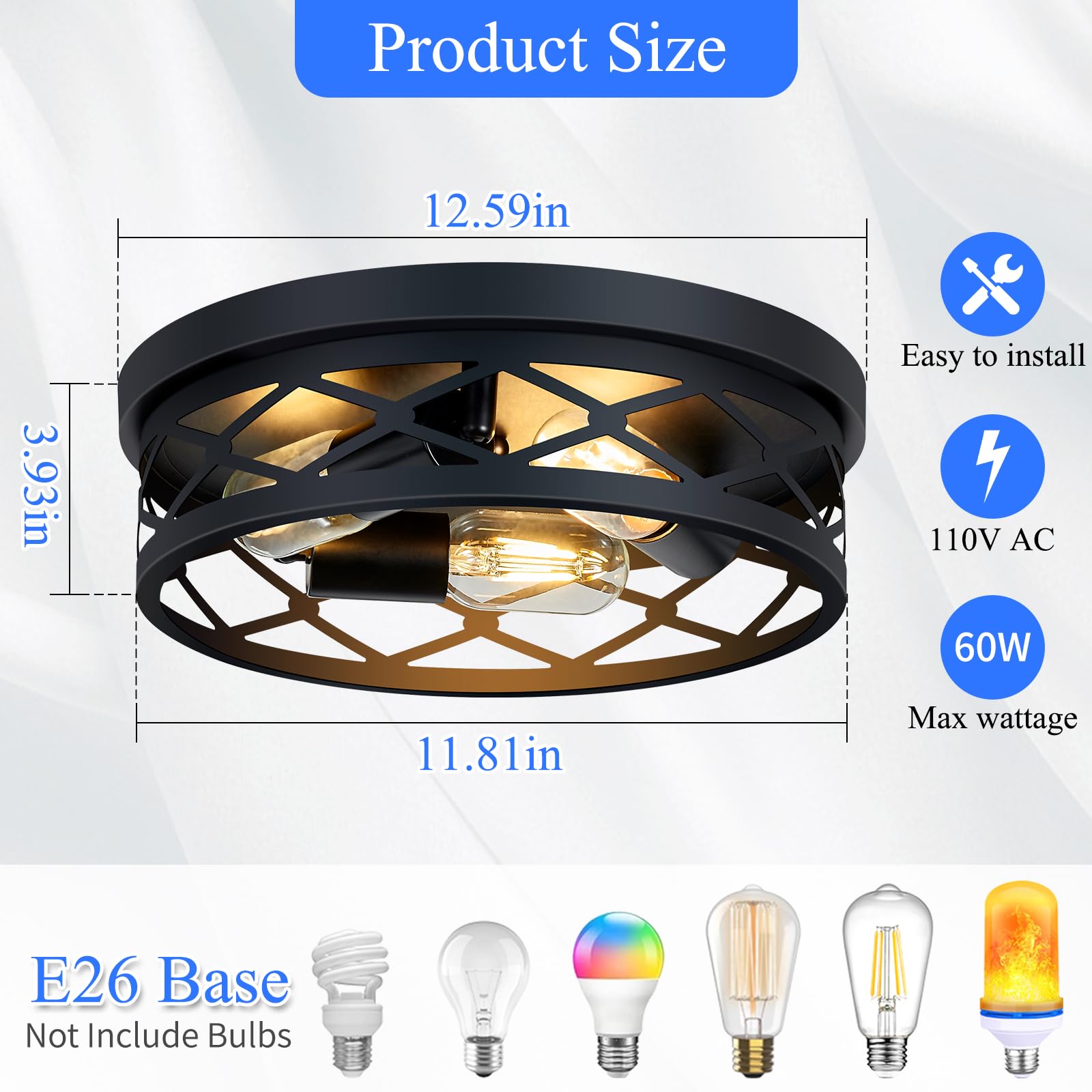 Skejao, 2 Pack Flush Mount Ceiling Light Fixture, Black, For Hallway, Kitchen, Farmhouse, Bedroom (13 X 13 X 3.93 Inches, 2400 L