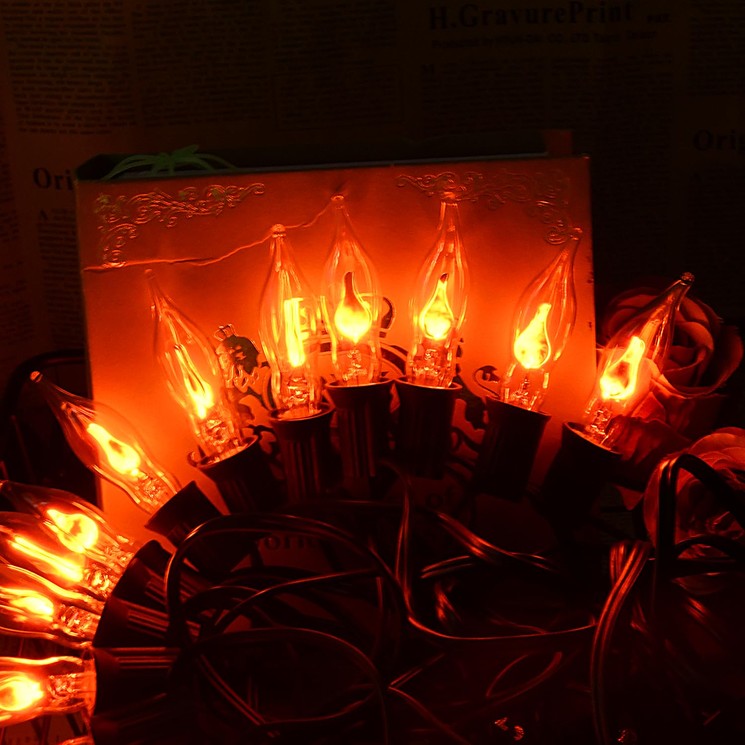 Sotopoo 27.8Ft Halloween Flickering Flame String Lights With 25+2 Pack C7 Clear Flickering Flame Light Bulbs, Halloween Decorations Indoor Outdoor Lights, Halloween Home Party Decor Lights