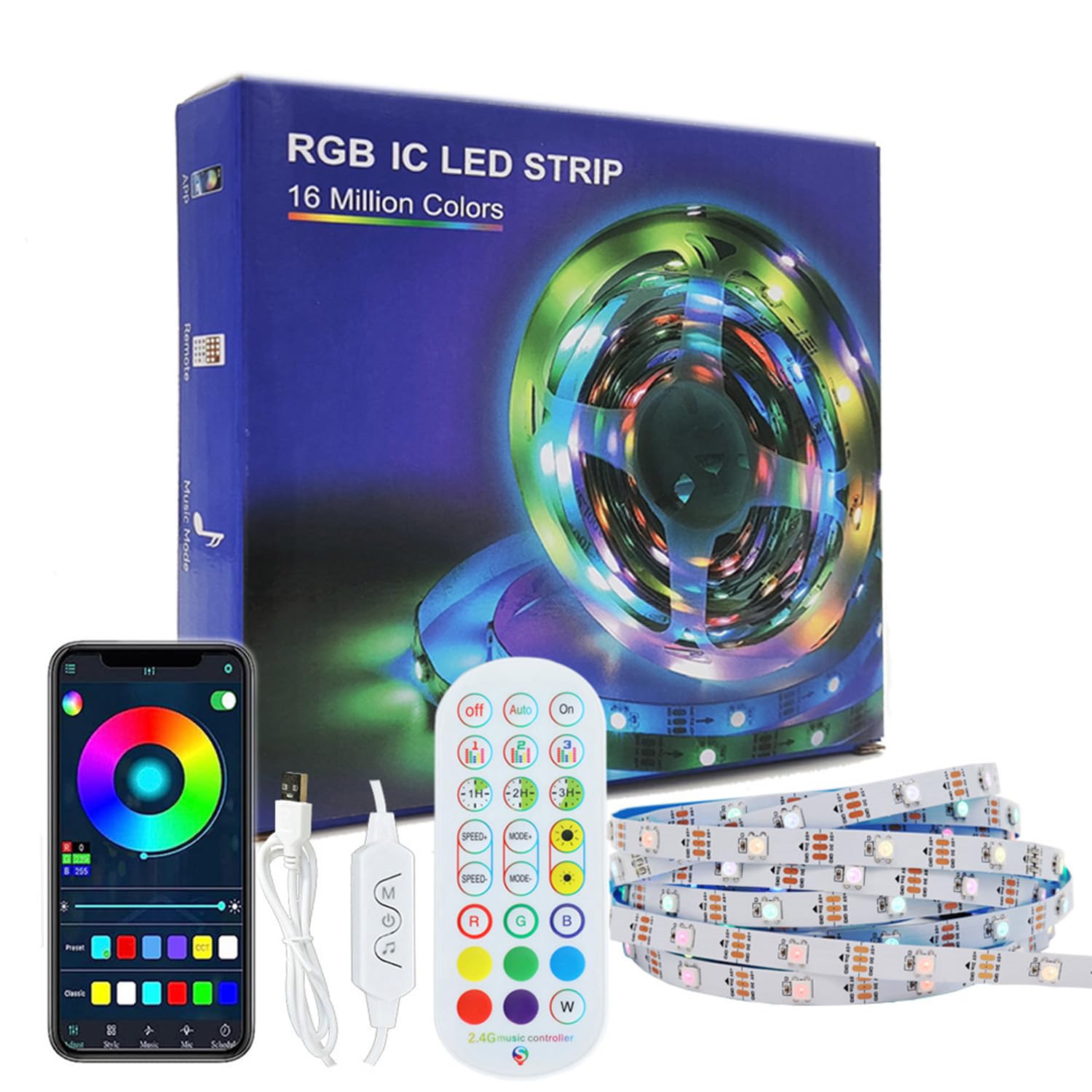 ADRESUNO WS2812b LED Strip Lights, 16.4FT, 150 LEDs, Bluetooth APP Control, White PCB, Model AD24KEYSUS30LED