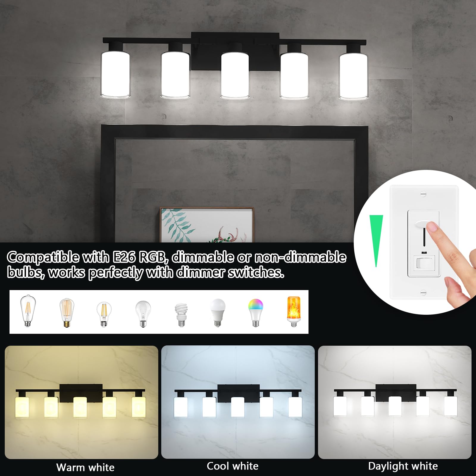 Zhizenl 5-Light Bathroom Vanity Fixtures, Matte Black with Frosted & Clear Glass, Modern Wall Sconces, Model B216-082-BK