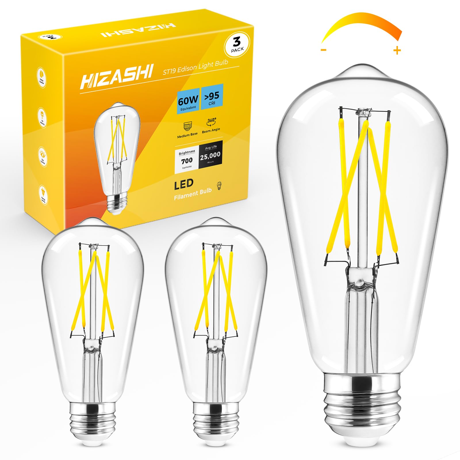 Hizashi Led Edison Bulbs, 6W, Equivalent 60W, Dimmable E26 Led Bulb, Daylight 5000K, 90+ Cri 700 Lumens, St19 Vintage Light Bulb