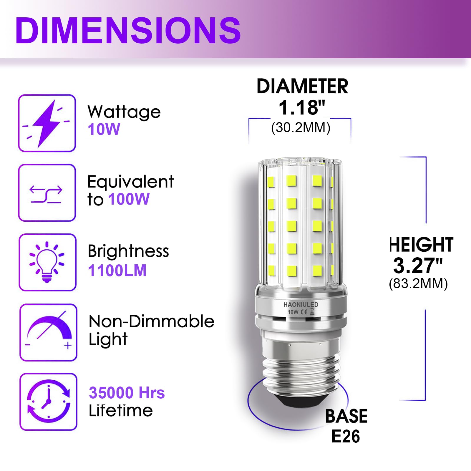 Haoniuled Led Light Bulb, 10W (100W Equivalent), 5000K (Daylight), E26/E27 Medium Base,1100 Lumens, Non-Dimmable 3-Pack