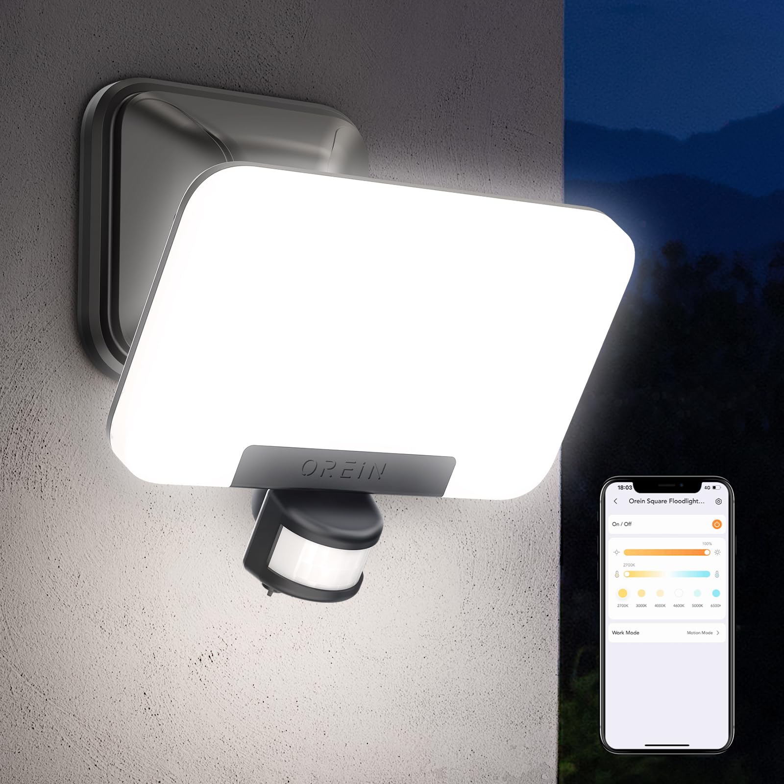 OREiN Smart Flood Lights Outdoor 2700K-6500K CCT Dusk to Dawn LED Security Lights with APP Control, 24W=200W. 1%-100% Brightness