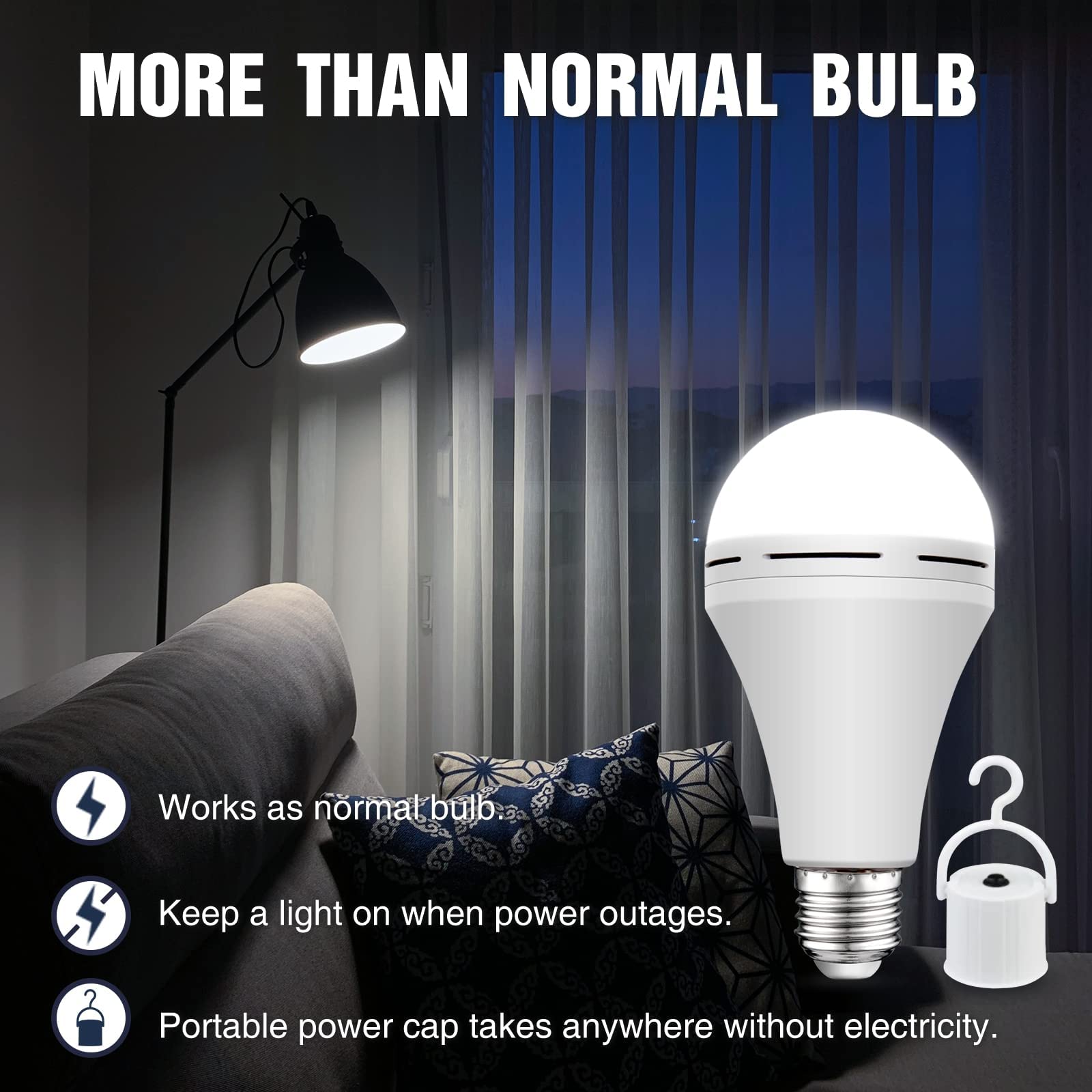 Neporal Lite Emergency Rechargeable Light Bulbs A19, Light Up To 48 Hrs, Battery Operated Light Bulb, 5000K E26 Led Bulb, Emergency Lights For Home Power Failure (Daylight-4Pk, 15, Watts)
