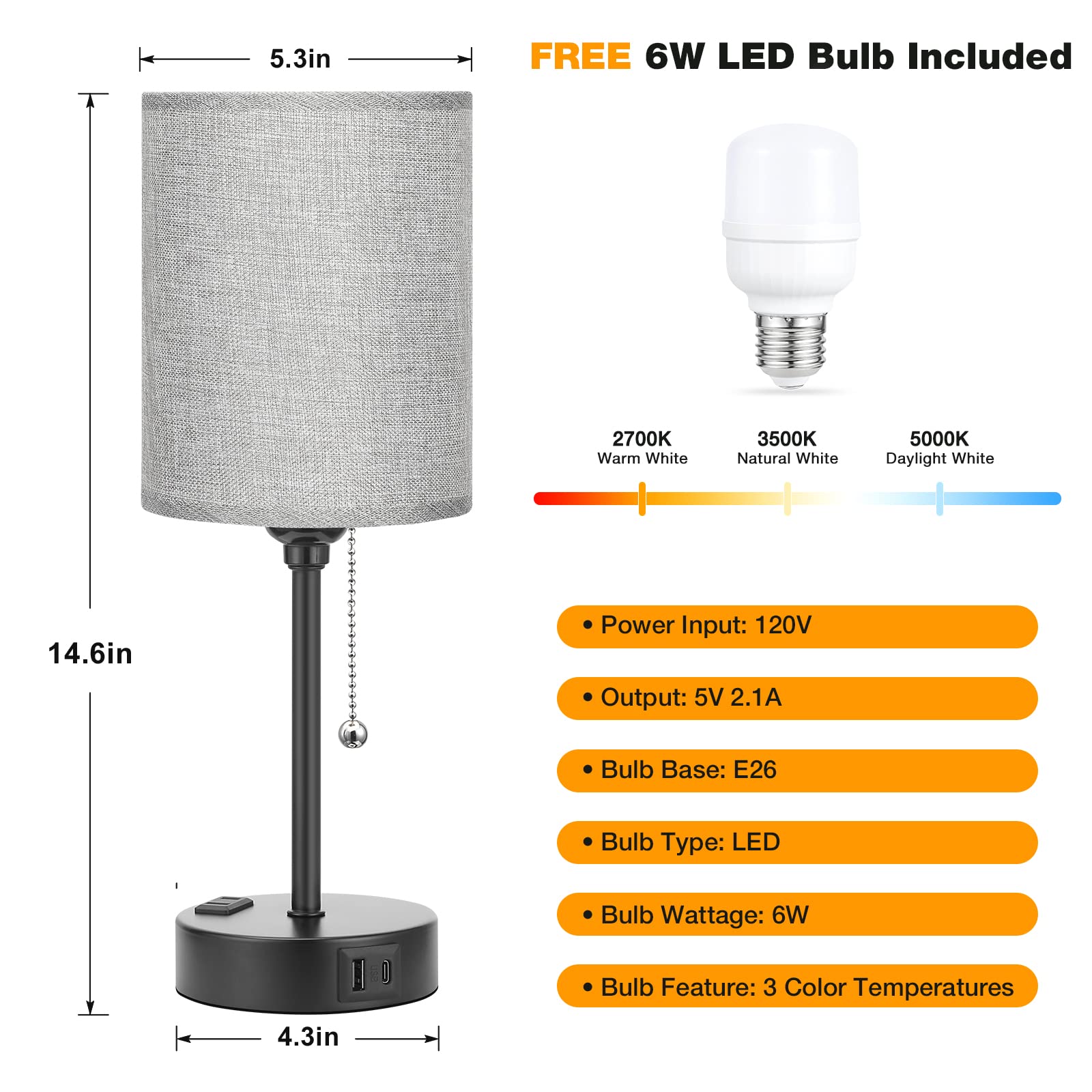 Grey Nightstand Lamps 3 Color Temperatures - 2700K 3500K 5000K Bedside Lamps With Usb C And A Ports, Pull Chain Table Lamps With