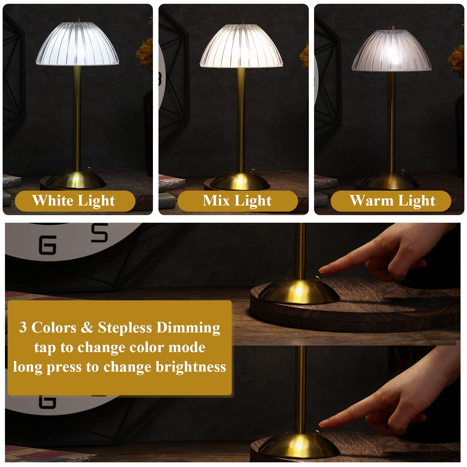 Liliful Led Cordless Gold Table Lamp - Touch Rechargeable, 3 Color Dimmable, Mushroom Style
