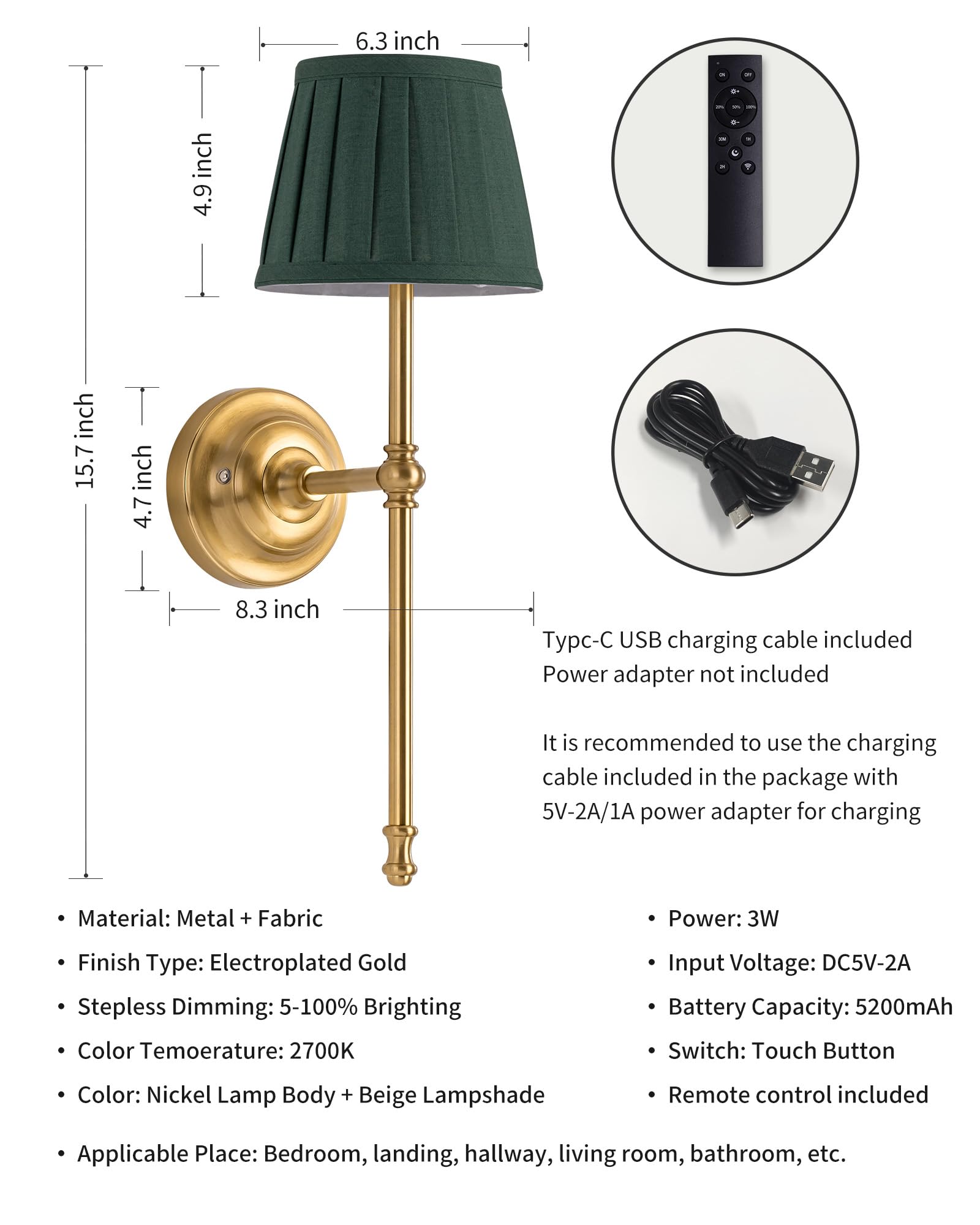 KDG Cordless Wall Sconces Set of 2 - Rechargeable LED Fabric Lamps, Green & Gold, Perfect for Living Room, Bedroom, Hallway