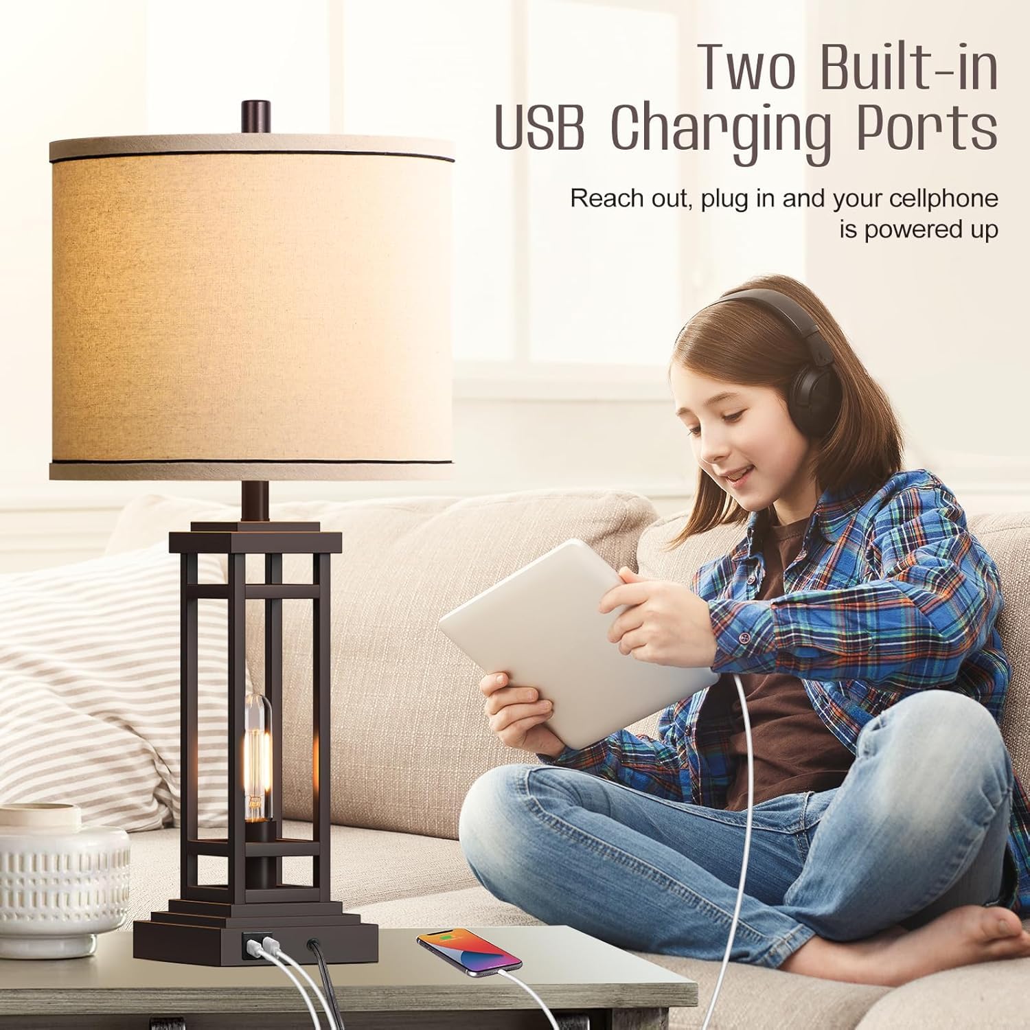 ROTTOGOON 27.5" Tall Farmhouse Table Lamp, Oil-Rubbed Bronze, USB C & A Ports, Rustic Metal Design for Living Room & Nightstand, Model ROLP