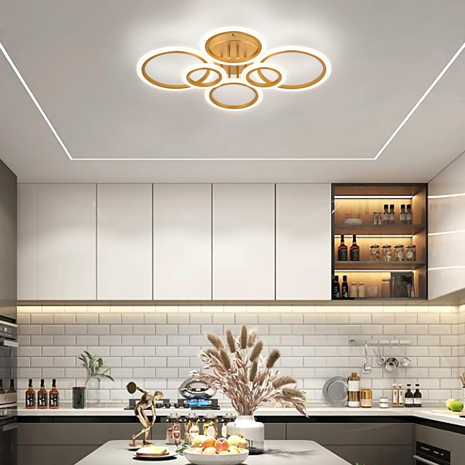 Teminbu Modern Led Ceiling Light, Gold 6 Rings Flush Mount Ceiling Light, 4000K Lighting Fixture Ceiling Lamp For Kitchen, Bedroom, Living Room, Laundry Room