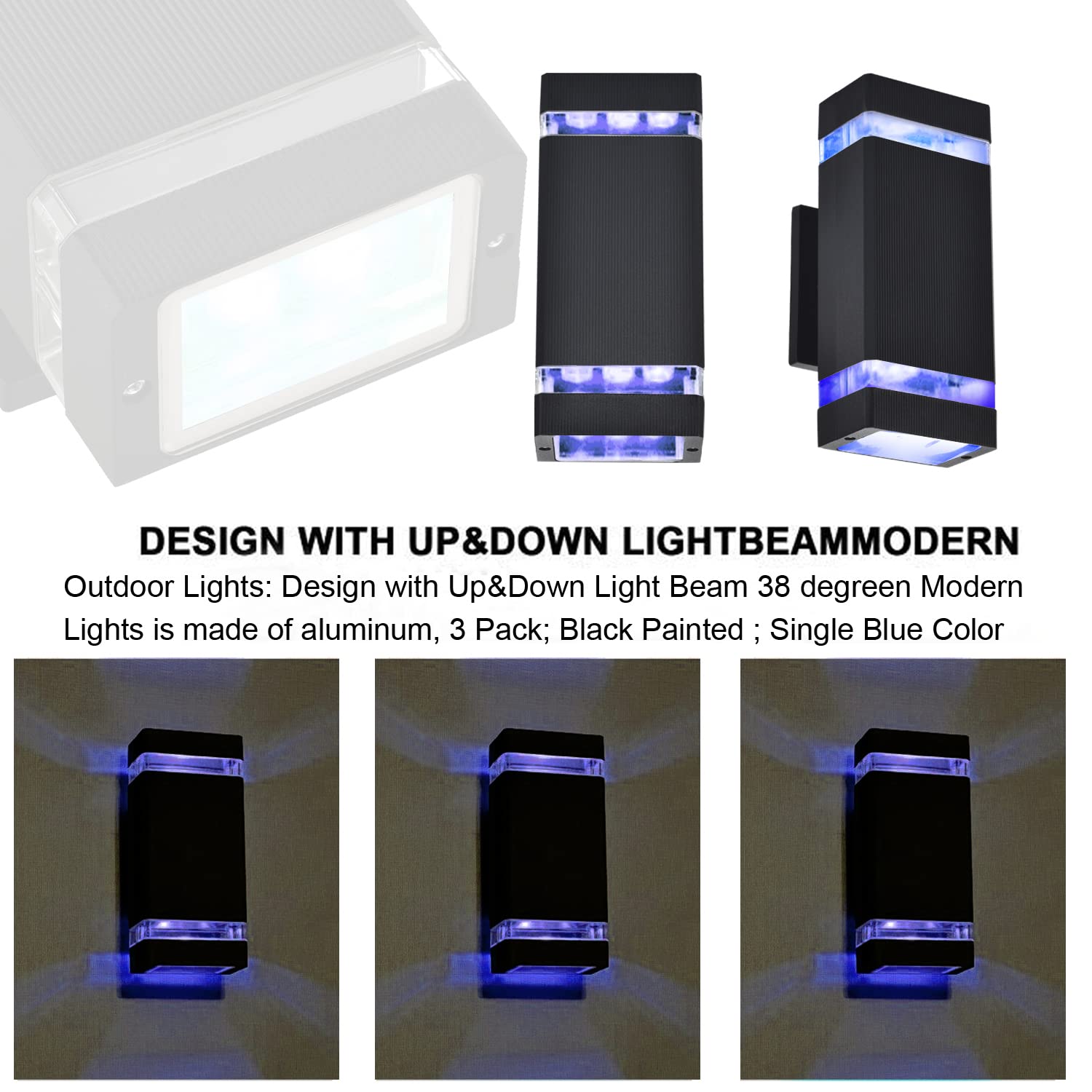 Iyogaled Up & Down Outdoor Wall Sconce Lights - Blue Dusk To Dawn, 3 Pack, Aluminum Fixtures