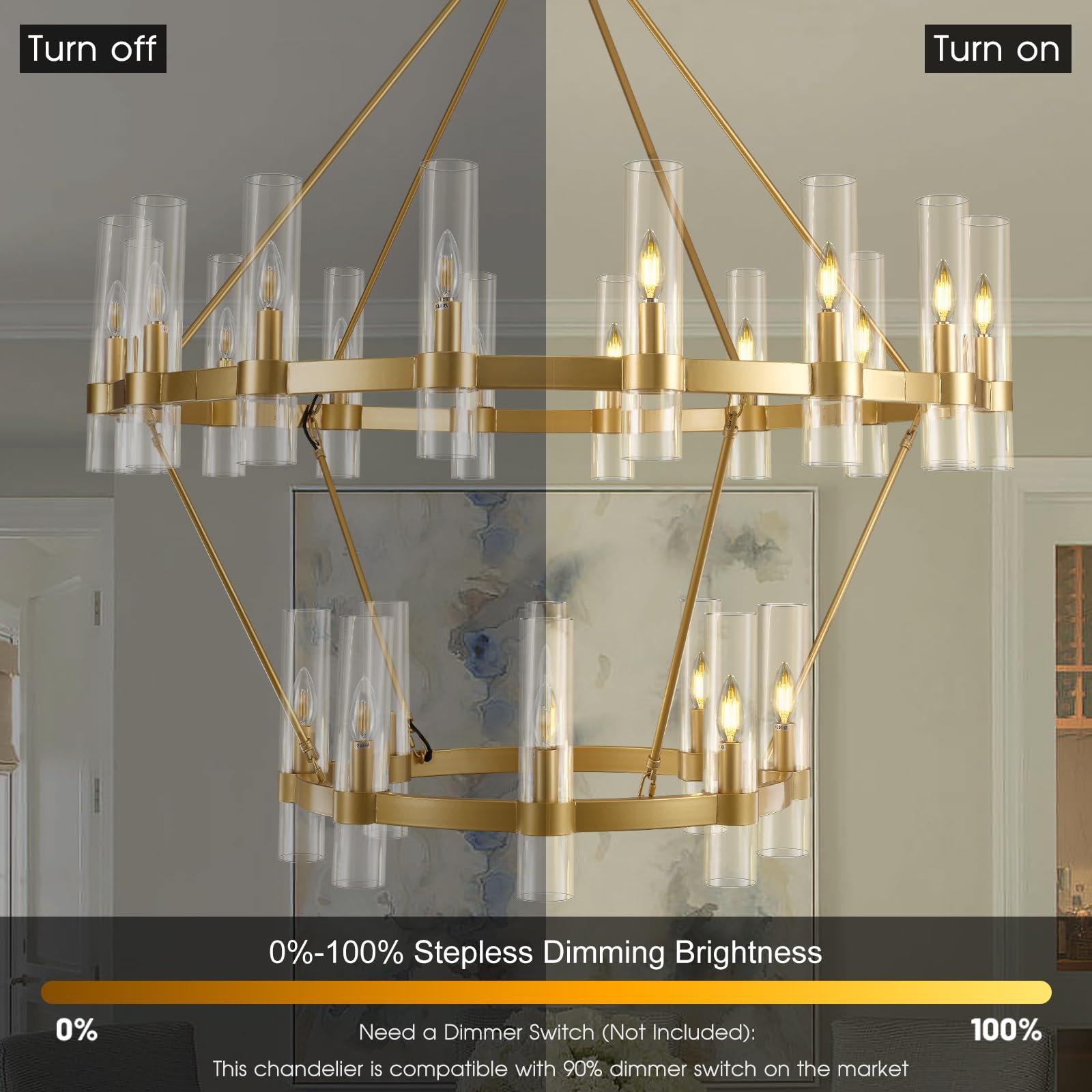 Varttyal 48 Inch Gold Wagon Wheel Chandelier, 2 Tier Industrial Chandelier With Glass Shade, 24-Light Large Round Chandelier, Fa