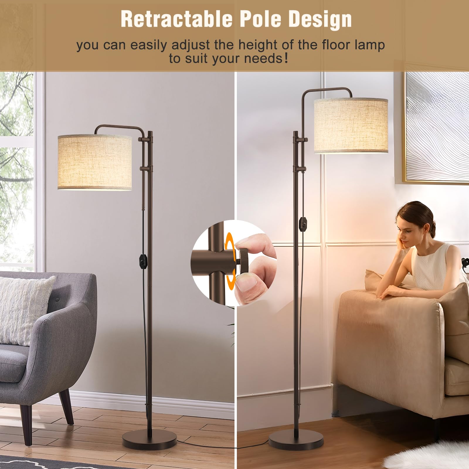 Floor Lamp For Living Room, Adjustable Height Standing Lamps With 350 Rotate Linen Lampshade, 67.5-Inch Brown Modern Tall Lamp D