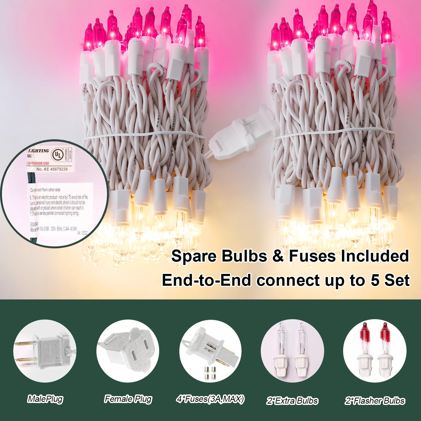 LAMPHOME 100 Mini Pink Clear Christmas String Lights, 20 Ft White Wire, Indoor/Outdoor Fairy Lights for Parties & Decorations