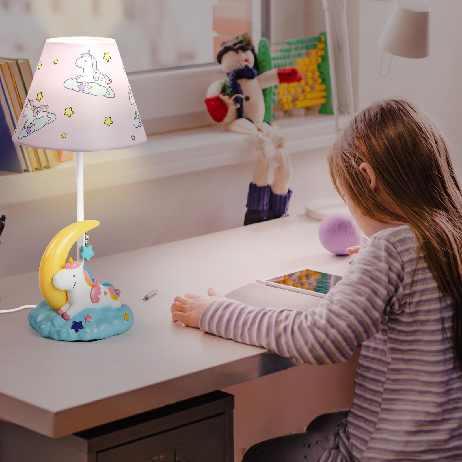 HERBESTBAY Kids Table Lamp, Moon Unicorn Design, 16 Inch Pink Bedside Lamp with LED Bulb, Ideal for Girls Bedroom Decor
